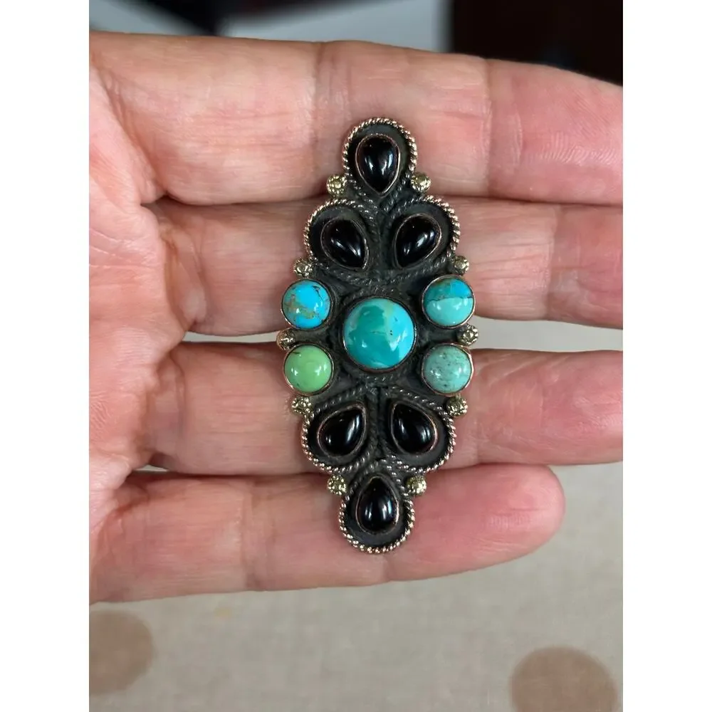Turquoise & Black Onyx Multistone Copper Statement Ring adjustable 5-9